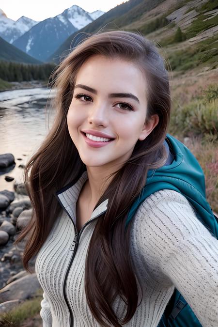 ((selfie)) photo of (4l3xbotez:0.99), black hair, smiling, outdoors, mountains, wearing a backpack, sweater, and hiking jacket, rocks, river, wood, analog style (look at viewer:1.2) (skin texture), close up, cinematic light, sidelighting, Fujiflim XT3, DSLR, 50mm