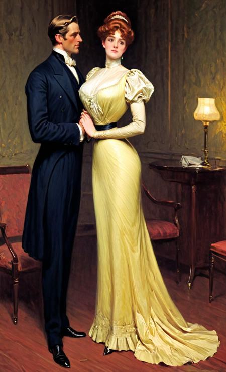 (Women are tall with good posture. Women are haughty, women are elegant, women are superior, women are beautiful with high and prominent cheekbones, women have beautiful natural warm skin tones and long and luxuriant (blonde:auburn:0.3) hair, Women are slender with massive breasts. Women wear Edwardian evening gowns and narrow skirts. Women arehealthy and hearty and mirthful.   Women have full lips and a slight sneer:0.8).  Men are tiny and short, men are sniveling and nervous, men have short hair and timid expressions. The scene is moody,  a sketch by Charles Dana Gibson. (An elegantly dressed, very tall and haughty Gibson Girl in a palatial room:1.3) <lora:hand 4:0.5>hand  <lora:Gibson_XL:0.5> by g1bs0n <lora:Belle_Epoque_Dresses_1880-1914_XL:0.5> 1910_dr3ss  female focus, high heels <lora:sinfully_stylish_SDKL:0.5> 1boy, 1girl, masterpiece, 4k, uhd, dynamic action,  an oil painting by AH_FLeighton leighton <lora:Paintings_by_Frederic_Leighton_-_Victorian_painter_Academicism_Pre-Raphaelite_style_:0.5> ah_fleighton, ledmund leighton, romanticism painting