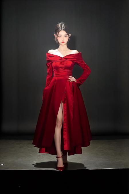 a fashion portrait of a beautiful female model wearing haute couture of Bright Red, photo by richard avedon, professional medium format film, sharp focus, fall, night, mesa[::3], (full body:1.4), short hair,  <lora:oljbll_:0.9>