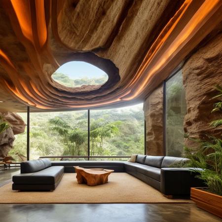 a modern building with cave, ceiling, lots of plants and room with wooden floor, <lora:Utopian_Interiors-05:0.5>, <lora:add_detail:0.5>