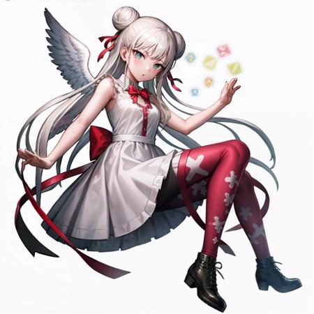 masterpiece, official art, dynamic angle, white background:1.2, 1girl, dynamic pose, ruikomatsuzaki, <lora:ruikomatsuzaki-12:1>, floating, full_body:1.4, white hair, red bow, angel wings, white dress, braided bun, cross_print pantyhose, black boots