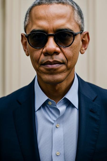 RAW photo, Barack Obama, 8k uhd, dslr, high quality, cinematic lighting, photorealistic, realistic, business suit, cross-laced clothes, collared shirt, unbuttoned shirt, heart shaped sunglasses, rose tattoo on the neck, dimly lit <lora:epi_noiseoffset2:0.9>, low key, serious expression, intricate details,