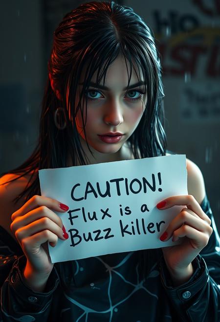 Realistic wet perfect girl holding paper "Caution! Flux is a Buzz killer" written