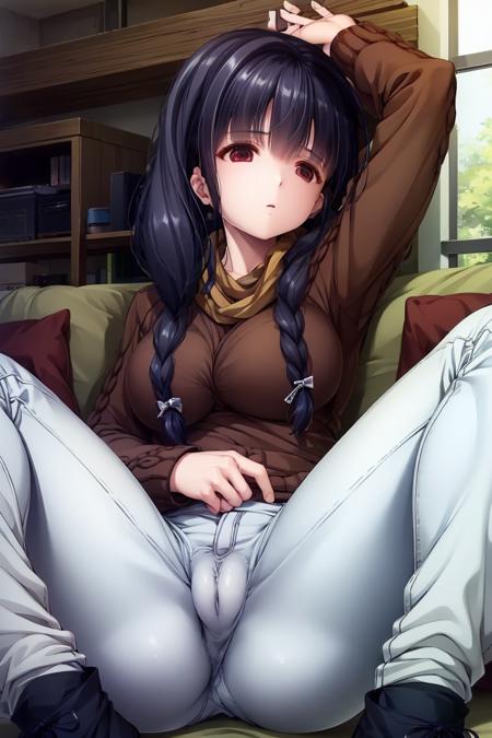 long hair, front braid, hair over shoulder, single braid, (empty eyes:1.2), expressionless, red eyes, large breasts, hair bow, sweater, pants, white pants, scarf, brown sweater, cable knit, aran sweater, black footwear, long sleeves