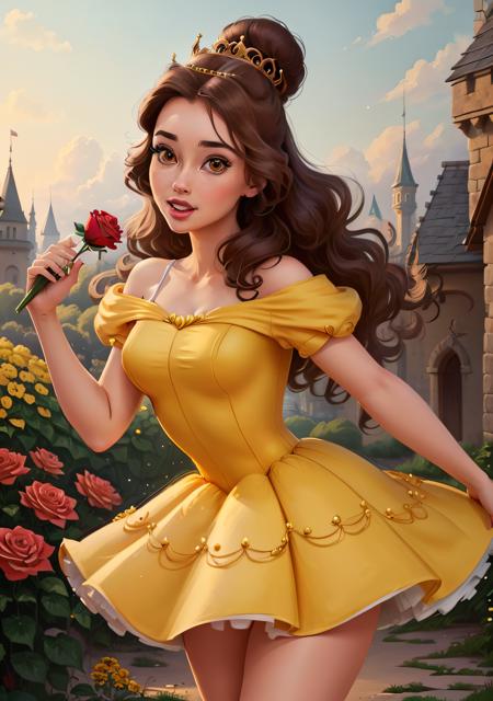 (BelleWaifu:1), surprised, cute, cute pose, looking at viewer, thick thighs, (yellow dress:1.2), (hair bun, tiara) :D, curvy, (holding a red rose:1),

(realistic:1.2), (realism), (masterpiece:1.2), (best quality), (ultra detailed), (8k, 4k, intricate),(full-body-shot:1),(Cowboy-shot:1.2), (85mm),light particles, lighting, (highly detailed:1.2),(detailed face:1.2), (gradients), sfw, colorful,(detailed eyes:1.2),

(detailed ladscape, garden, plants, castle:1.2),(detailed background),detailed landscape, (dynamic angle:1.2), (dynamic pose:1.2), (rule of third_composition:1.3), (Line of action:1.2), wide shot, daylight, solo,

<lora:Belle_character-20:0.6>