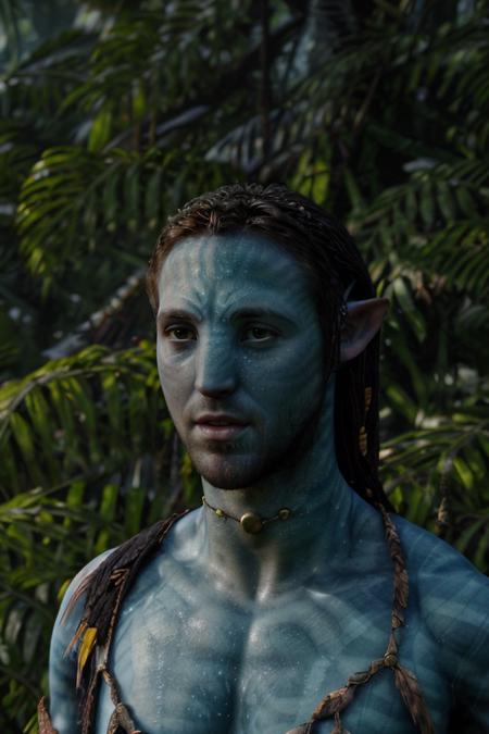 (masterpiece, best quality, high quality), RAW photo, (good body, good proportion, good anatomy, good fingers, good hands), detailed skin, detailed face, <lyco:GoodHands-beta2:1> blue skin:1.2, pointy ears, Neytiri, avatar \(movie\), bracelet, yellow eyes:1.4, jewelry, portrait, forest, jungle, clouds, fog, floating island, (covered nipples, loincloth), depth of field <lora:Neytiri:0.9> <lora:Ryan_gosling:0.5> photo of ohwx man, 1boy, blonde hair, close-up, portrait, Ryan Gosling, long hair, pointy ears, long ears