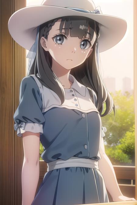 yuzukishiraishi, <lora:yuzuki shiraishi anime s1-lora-nochekaiser:1>,
yuzuki shiraishi, long hair, bangs, black hair, braid, (grey eyes:1.5),
BREAK hat, dress, bow, short sleeves, puffy sleeves, blue dress, white headwear, hat bow, sun hat,
BREAK outdoors,
BREAK looking at viewer, (cowboy shot:1.5),
BREAK <lyco:GoodHands-beta2:1>, (masterpiece:1.2), best quality, high resolution, unity 8k wallpaper, (illustration:0.8), (beautiful detailed eyes:1.6), extremely detailed face, perfect lighting, extremely detailed CG, (perfect hands, perfect anatomy),