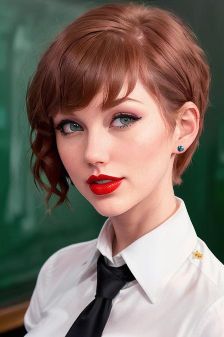 photo of taylorswift:0.99, a woman,((dark red hair, short hair, pixie cut):1.2), ((closeup, portrait):1.1), ((red lipstick, eyeliner, eye shadow):1.2), ((classroom, chalkboard, desk):1.1),((necktie, white shirt):1.2) ((best quality, masterpiece, extreme details, high resolution):1.2), ((beautiful eyes, detailed eyes, detailed face, beautiful face):1.2)