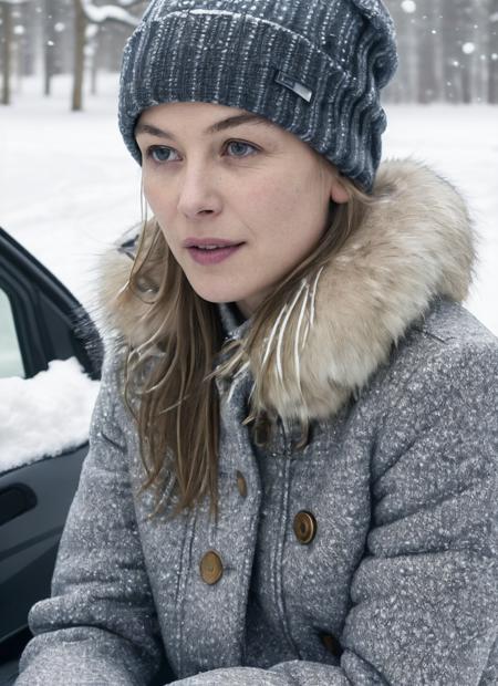 RAW photo of a sks woman, sitting in outdoor car ,winter ,snowy , ((wearing cap)), (detailed face), grunge, ((visual kai)),  ((full body)), (high detailed skin:1.2), 8k uhd, dslr, soft lighting, high quality, film grain, Fujifilm XT3, <lora:locon_rosamund_v1_from_v1_64_32:1.3>