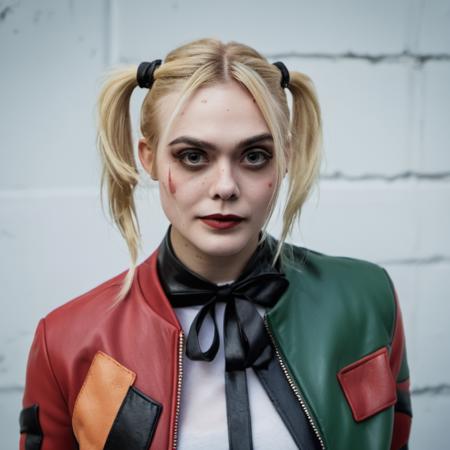 High res portrait photo of an actress dressed as Harley Quinn, f /2.8, Canon, 85mm,cinematic, high quality, skin texture, looking at the camera,  <lora:elfanning_xl_1_standard-000081:1>