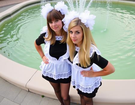 <lora:ScUniform_FLUX:1>
two women in a white and black dress standing in front of a fountain with her hands on her hips. woman in brown pantyhose. woman with two white hairbows. a blonde and brunette woman. woman taking overhead selfie.