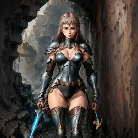 masterpiece, best quality,1girl,   <lora:unstabledreamX:0.7>   a woman in a cosplay outfit holding a sword and a sword holder with a sword in her hand, 1girl, armor, armored_boots, ass_visible_through_thighs, bare_shoulders, blue_eyes, boots, braid, breasts, brown_hair, cleavage, cross, detached_collar, full_body, gauntlets, gloves, gradient, gradient_background, greaves, grey_background, hair_between_eyes, hair_ornament, highleg, highleg_leotard, holding, holding_sword, holding_weapon, knight, large_breasts, leotard, long_hair, looking_at_viewer, rapier, shoulder_armor, solo, standing, sword, thighhighs, weapona cartoon of