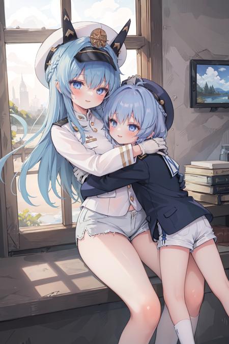 <lora:helm-nikke-richy-v2_1:0.8>, <lora:hiting-oneeshota-mp3:0.7>,  masterpiece, 1girl,  1boy,  hug, helmdef, hat, military, white shorts, white gloves,  blue hair, long hair, smile, (osmatingpress:1.0),