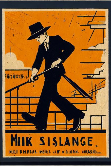 The Strolling Violinist, a detailed Matchbox Label design. Orange, teal, yellow and dark navy, complimentary colors, violin-core, anime vibes, VSML,