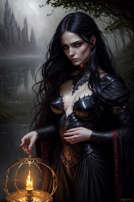 An exceptional dark fantasy artwork having a gloomy mood and an intricate vivid setting portraying a mystical lascivious mistress having long aureate hair, tender obliques, a soft jawline, mesmerizing peepers, and gentle cheekbones, with a glimmering magic orb; painted by gregorian manchess at a verge of a moody misty lake in Avalon.