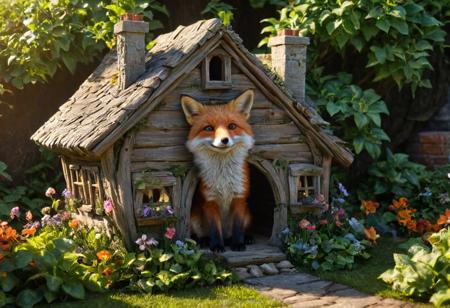 amazing quality, masterpiece, best quality, hyper detailed, ultra detailed, UHD, perfect anatomy,  awesome, inspiring, realistic, high quality, 4K, absurd resolution, incredibly detailed, masterpiece, sharp, cute fox house garden, cute, happy, extremely detailed, no humans, sunlight, realistic, high quality, detailed, shadows, glowing, bright colors, high contrast, vivd lighting, cinematic composition, soft shadows,