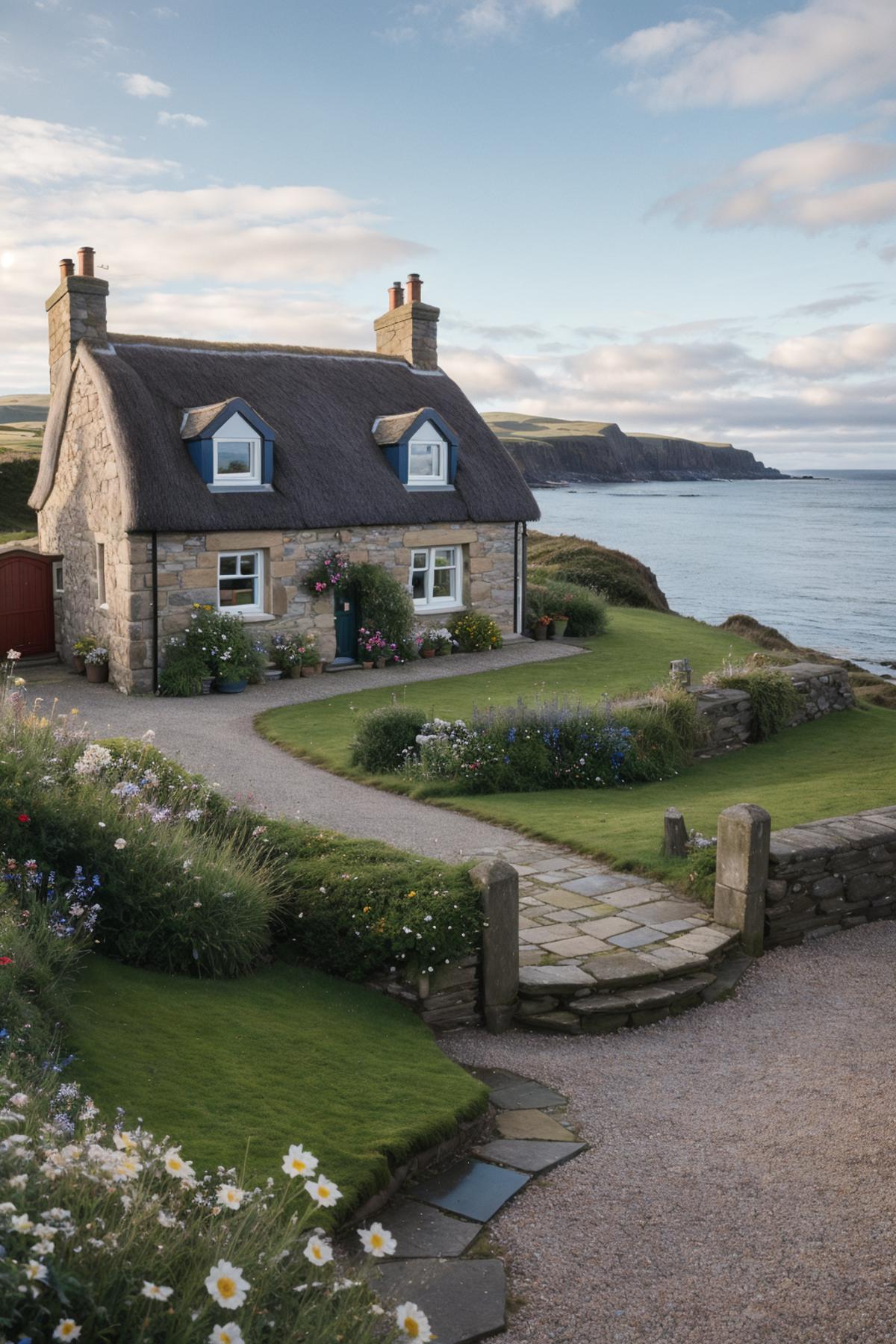 A charming, old stone house with a thatched roof sits on a hillside overlooking the ocean.