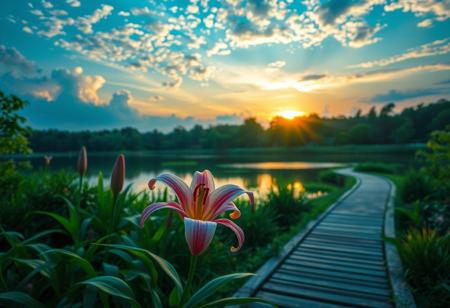 detailed background,( Calm spring night landscape), amongst lush greenery, beautiful view, lily flower in full bloom, lily flower, early morning, sunrise sky, beautiful clouds, dappled sunlight, beautiful, Tranquil Lake, Walkway, petals dancing in the wind, depth of field, masterpiece, best quality, ultra-detailed, very aesthetic, illustration, perfect composition, intricate details, absurdres, moody lighting, wisps of light, no humans,
