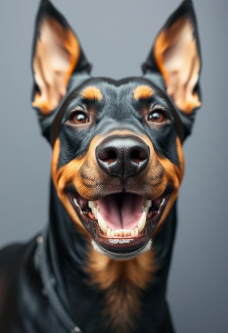 dobermann with real human teeth smiling sad