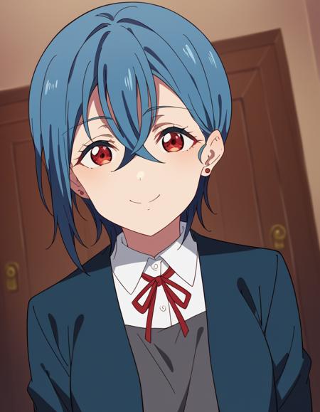 <lora:shiki-wakana-s2-ponyxl-lora-nochekaiser:1>, shiki wakana, short hair, bangs, red eyes, hair between eyes, blue hair, earrings, stud earrings, shirt, dress, ribbon, school uniform, jacket, white shirt, open clothes, collared shirt, open jacket, red ribbon, neck ribbon, blue jacket, pinafore dress, grey dress, yuigaoka school uniform,