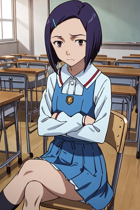 (masterpiece, best quality:1.2), highres, anime screencap, anime coloring, 1girl, solo, frown, 
Tomoyo_Kurobe, purple hair, short hair, bob cut, black eyes, brown eyes, small breasts, hair ornament, hairclip, 
BREAK school uniform, (blue dress:1.1), pinafore dress, white shirt, long sleeves, black socks, brown loafers, 
sitting on chair, crossed arms, crossed legs, 
indoors, classroom, school chair, sunlight, 
<lora:add_detail_CyberAlchemist:0.4>, <lora:GoodHands-beta2:1.0>, <lora:TomoyoKurobe-000010:1>,