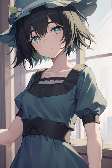 mayurishiina, <lora:mayuritest:1>,
mayuri shiina, (black hair:1.5), (green eyes:1.5), messy hair, short hair, hat, blue hat,
BREAK (blue dress:1.5), collarbone, dress, puffy short sleeves, puffy sleeves, short sleeves,,
BREAK looking at viewer,
BREAK indoors, lab,
BREAK <lora:GoodHands-vanilla:1>, (masterpiece:1.2), best quality, high resolution, unity 8k wallpaper, (illustration:0.8), (beautiful detailed eyes:1.6), extremely detailed face, perfect lighting, extremely detailed CG, (perfect hands, perfect anatomy),