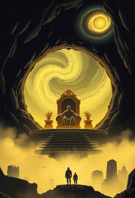A golden throne room inside an asteroid fortress, where a celestial emperor holds court beneath a swirling nebula, retro-futurism, minimalist noir, cinematic silhouette, pulp sci-fi illustration, high-contrast lighting, mid-century spaceship design, atmospheric environments, bold color palette, solitary figures, glowing alien worlds, vintage space suits, graphic composition, emotional isolation, stylized realism, foggy cityscapes, sleek technology, dramatic perspective, 1950s futurism, moody ambiance, pop-sci-fi narrative
