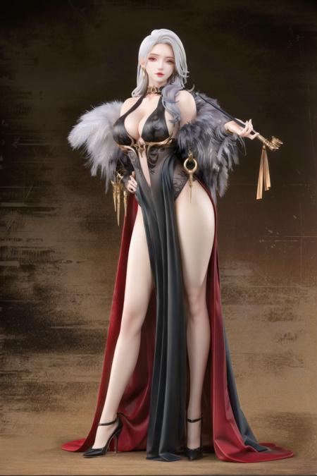 garage kit, 1girl, breasts, dress, solo, black dress, large breasts, smoking pipe, high heels, cleavage, feathers, jewelry, long hair, white hair, looking at viewer, full body, standing, holding smoking pipe, holding, earrings, hand on hip, red lips, black feathers, red eyes, bare shoulders, legs,
best quality, high quality, <lora:garage_kit-000016:0.65>