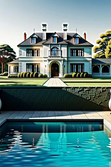 mansion made out of eyeballs, no humans, (mansion:2), pool, garden, summer evening with golden hour lighting, professional grade, Studio lighting. Photo realistic, Natural atmospheric lighting, intricate details, 35mm photograph, film, professional, 4k visuals, highly detailed, elegant, studio quality.