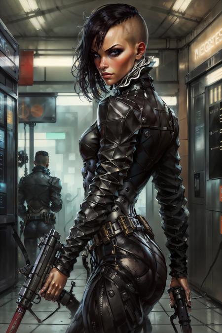 (masterpiece, best quality:1.2),  <lora:yelena_fedorova-20:0.7>, yelenaDX_soul3142, 1girl, solo, short hair, black hair, undercut, cyborg, gun, holding gun, submachine gun, realistic, cyberpunk, upper body, from side