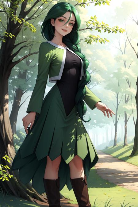 masterpiece, best quality, cheryl, hair over shoulder, single braid, green jacket, long dress, boots, standing, looking at viewer, from side, forest, tall grass, smile <lora:cheryl-nvwls-v2-000012:0.9>