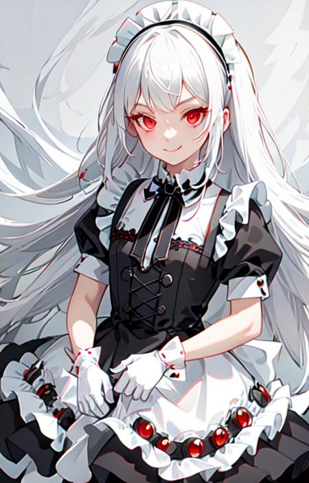 best quality, ultra detailed, 1girl, solo, standing, white hair, twin braids, red eyes,maid headdress,maid apron, bangs,white gloves, stare, smile, looking at viewer, (interview:1.3),  <lora:maid_v10:0.8>