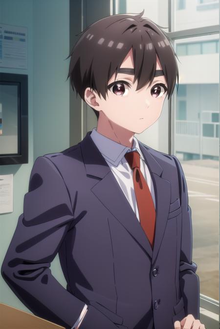 rentarouaijou, <lora:rentarou aijou s1-lora-nochekaiser:1>,
rentarou aijou, black hair, (brown eyes:1.3), thick eyebrows, short hair, hair between eyes,
BREAK school uniform, necktie, formal, suit, red necktie,
BREAK indoors, classroom,
BREAK looking at viewer, (cowboy shot:1.5),
BREAK <lyco:GoodHands-beta2:1>, (masterpiece:1.2), best quality, high resolution, unity 8k wallpaper, (illustration:0.8), (beautiful detailed eyes:1.6), extremely detailed face, perfect lighting, extremely detailed CG, (perfect hands, perfect anatomy),