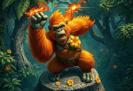 Fiery Gorilla, Brotherhood of the Fist, verdant forest. Orange fur, brown belt, yellow flower, green feet. Tree stump throne, dense foliage. Cinematic, Raphael style, splash ink illustration, dynamic action pose, octane render, Unreal Engine 5. Vivid emotions, joyful impact, golden ratio. Trending on Artstation, CGSociety. Beautiful detailed eyes, 4k, high-res, handcrafted precision, matte painting, grammer effect, isometric view, captivating lighting.