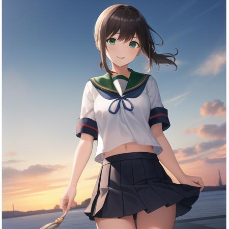 (masterpiece, best quality:1.2),illustration,8k,hd,1girl,solo,upper body,(portrait:1.2),black_hair,short_ponytail,white serafuku,sidelocks,low_ponytail,green_eyes,smile,black_eyes,school_uniform,pleated_skirt,skirt,<lora:Fubuki(kan)>,