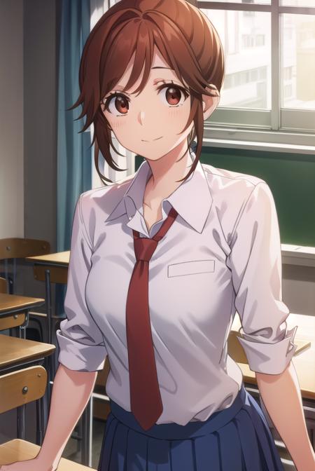 natsukienomoto, <lora:natsuki enomoto movie-lora-nochekaiser:1>,
natsuki enomoto, short hair, brown hair, (brown eyes:1.5), hair bun, single hair bun, (swept bangs:1.5), smile,
BREAK skirt, school uniform, jacket, pleated skirt, necktie, blazer, blue blazer, shirt, white shirt, collared shirt, red necktie, blue skirt,
BREAK indoors, classroom,
BREAK looking at viewer, (cowboy shot:1.5),
BREAK <lyco:GoodHands-beta2:1>, (masterpiece:1.2), best quality, high resolution, unity 8k wallpaper, (illustration:0.8), (beautiful detailed eyes:1.6), extremely detailed face, perfect lighting, extremely detailed CG, (perfect hands, perfect anatomy),