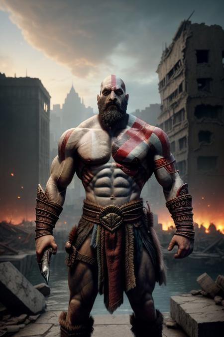god of war, standing, hugging a pink teddy bear, against the backdrop of the (ruined city:1.1)
unreal engine
style of Artgerm
finely detail, ultra-detailed, highres