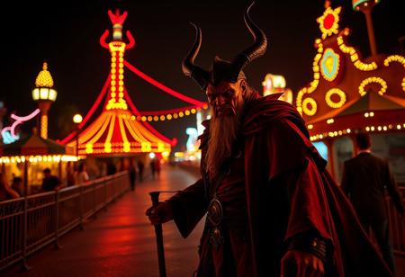 "Create a highly detailed, micro-focused image for the Pexels contest, featuring Florida Governor Ron DeSantis as a Satan-like  from Ice Age Panic. Utilize directional path tracing and the golden ratio to create depth and realism. Set in a theme park at night, with evil glowing crackling lighting magic to emphasize an eerie, hellish atmosphere from 1744667075.1807618. Add a sense of motion and suspense as Satanic DeSantis embarks on an ominous path, capturing the evocation of the scene."