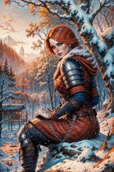 (masterpiece, top quality, best quality, official art, detailed:1.2), <lora:cerys:0.7>, cerysW3, 1girl, solo, scar on face, brown eyes, sitting, armor, tree, shoulder armor, chainmail, red hair,  snow, snowing, lake, from side