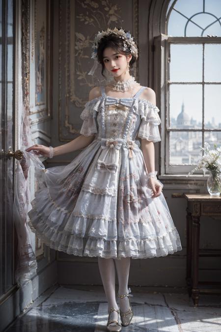 realistic, photorealistic, masterpiece, absurdres, extremely detailed, best quality, lo_dress, frilled dress, white pantyhose, 1girl, solo, long black hair, bangs, (looking at viewer:1.2), full body, standing, detailed background, indoors, palace, luxury decorations, window, sunshine, <lora:lo_dress_vol2_style3_v2:0.7>