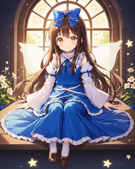 star sapphire,1girl, solo, one_eye_closed, smile, flower, hair_bow, star_\(symbol\), ;\), juliet_sleeves, fairy_wings, looking_at_viewer, blue_dress, frills, window, wide_sleeves, shoes, ribbon, bobby_socks, star_\(sky\), sitting, full_body, blue_bow
<lora:star_sapphire_image1386_2023-12-20-000012:1>,star-shaped_pupils,symbol-shaped_pupils,. gorgeous,key visual, vibrant, studio anime,award-winning, professional, highly detailed,high budget, cinemascope