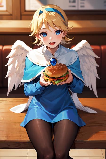 masterpiece, best quality, highres, ddnina, blonde hair, short hair, swept bangs, hairband, blue eyes, angel wings, white wings, white capelet, brooch, blue dress, long sleeves, black pantyhose, <lora:nina_bof4_v1:0.7>, sitting, restaurant, smile, food, eating, burger, open mouth,