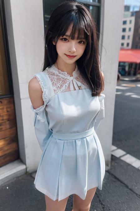 best quality,masterpiece,realistic,HDR,UHD,8K,Highly detailed,shiny skin,1girl,full body,medium breasts,black eyes,gradient hair,long hair,blunt bangs,light smile,standing,arms  behind  back,hair  flower,no detached sleeves,lace  trim,from above,sun,in  summer,city,looking at viewer, <lora:yingqun:0.8>