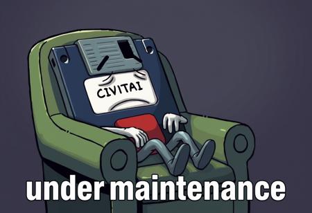 A nice anthropomorphized computer diskette with the text CIVITAI on the label, looking very tired and sitting in an armchair resting. At the bottom of the image the large letters the text "under maintenance"
