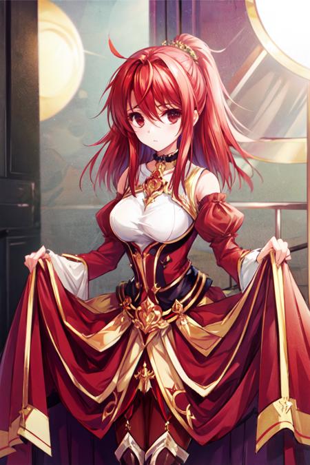 masterpiece, best quality, 1girl, solo,red hair, red eyes,<lora:Lilia-000015:0.7>,dress, detached sleeves, choker,skirt hold,<lora:add_detail:0.8>, <lora:GoodHands-beta2:1>