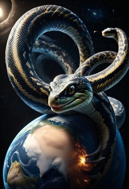 (photorealistic), closeup of a massive intergalactic space constrictor sn4ke squeezing the planet Earth, stars, photorealistic, highly detailed, 8k, hd, cinematic