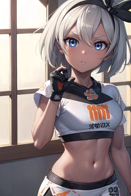 pokemonbea, blue eyes, dark skin, dark-skinned female, grey hair, hair between eyes, short hair, ribbon, hair ribbon, hairband, black ribbon, black hairband, bodysuit, covered navel, shorts, single glove, glove, crop top, white shirt, short sleeves, collar, white shorts,