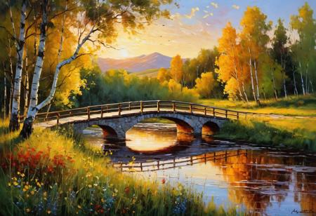 ((masterpiece)), ((detailed)), ((best quality)), Picturesque picture of a bridge over a river, evening sunset, grass, aspen trees, wildflowers, detail, unique shot, by Andrew Atroshenko