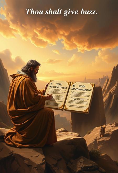 Masterpiece epic religious painting of Moses receiving two tablets of stone with the 10 commandments from God on Mount Sinai, title text above: “Thou shalt give buzz”, best quality, intricate details, ultra details, good lighting, vibrant colors, very detailed,
