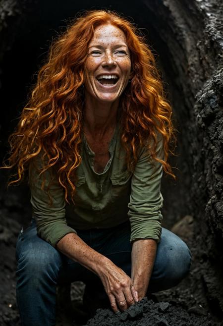A captivating, cinematic photo of elegant beautiful 48 year old woman exploring a dark coal mine, with long curly orange hair and freckles, brilliant green eyes, laughing, full body view, dirty blue jeans, dirty yellow t-shirt. The background is a mystical, dark shadows, creating a spooky atmosphere. DarkFantasy, photo, cinematic,
